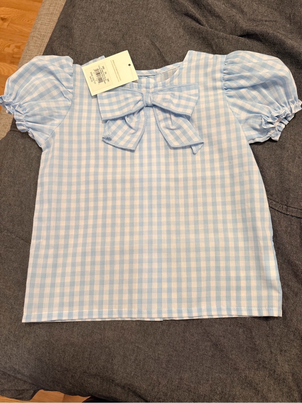 The Beaufort Bonnet Company Light Blue & White Gingham Puff Sleeve Top with Bow